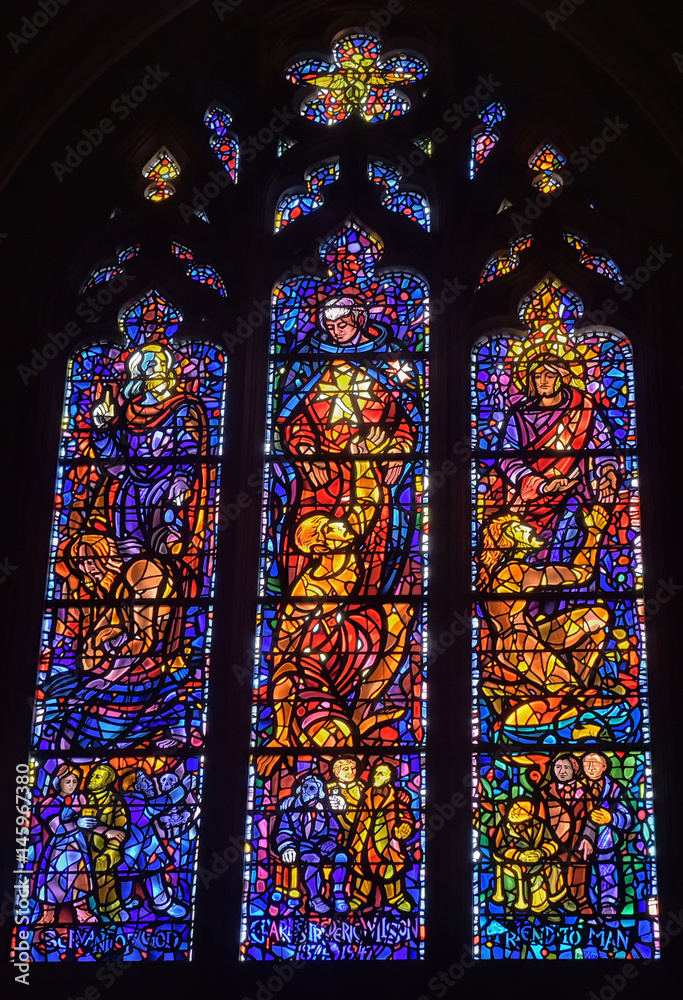 Symbols Of War And Peace In A Stained Glass Window In The National Cathedral In Washington Dc Vault In The Lower Level Crypt Of The National Cathedral In Washington Dc Stock Photo