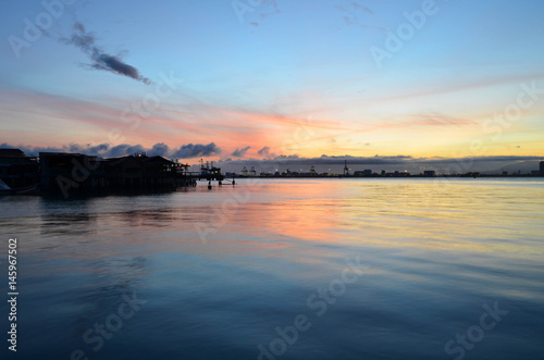 Twilight in the morning panorama scene of seaport container cargo freight, Penang Malaysia © ubonwanu