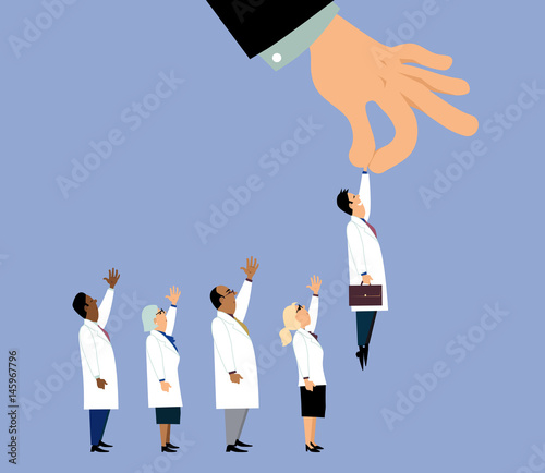 Choosing a good doctor. Giant hand picking up a chosen doctor from a line of candidates, EPS 8 vector illustration