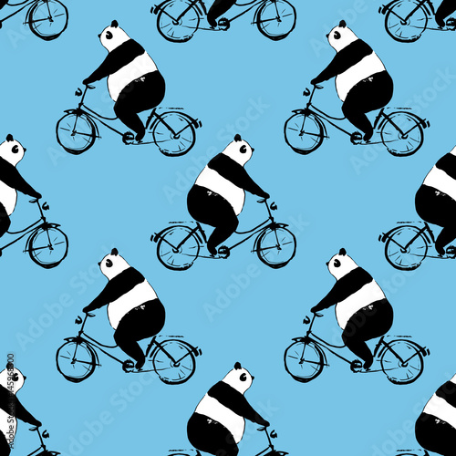 Seamless pattern with panda bear on bicycle. black and white image on blue background