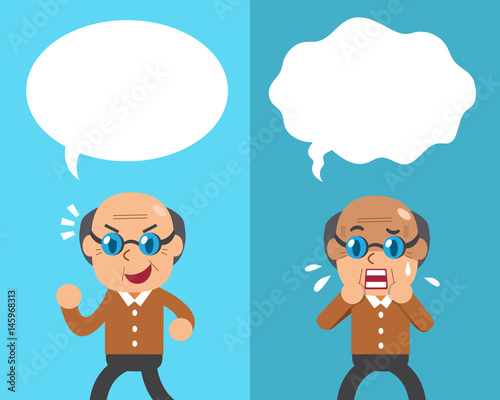 Cartoon senior man expressing different emotions with white speech bubbles