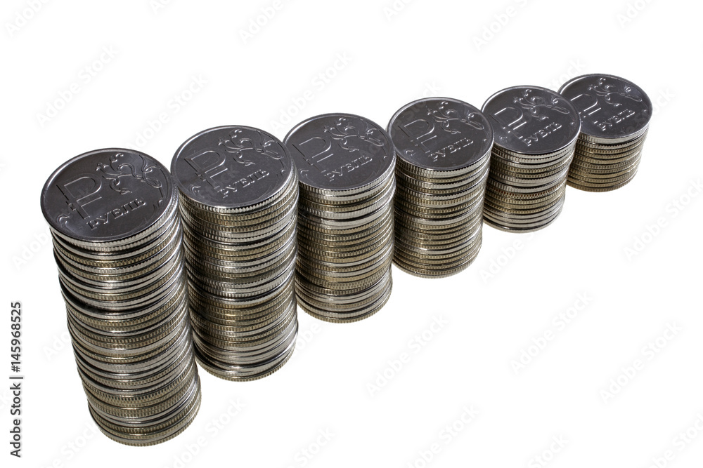 Columns of rouble coins on white background Columns of rouble coins on white background