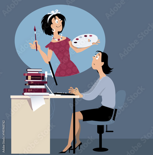 Woman stuck at boring job dreaming of a creative career, EPS 8 vector illustration