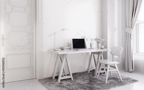 White modern room with  laptop computer on a desk   home office workspace
