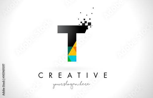 T Letter Logo with Colorful Triangles Texture Design Vector.