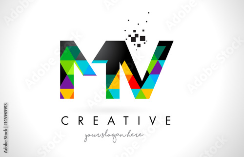 MV M V Letter Logo with Colorful Triangles Texture Design Vector.