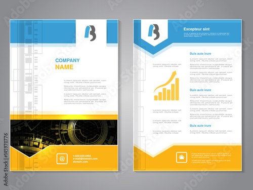 Vector modern brochure with blue yellow design, abstract flyer with technology background. Layout template. Poster with arrow design, Magazine cover.