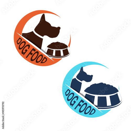 Vector dog food label with silhouette of a dog and a bowl of feed. Circular blue and orange dog food symbols isolated on white background for produkt design, packaging or advertising.