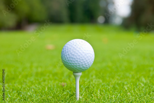 Golf ball on tee over a blurred green. Shallow depth of field. Focus on the ball.