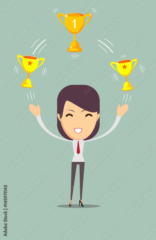 Cartoon businesswoman holding trophy Cartoon businesswoman holding trophy