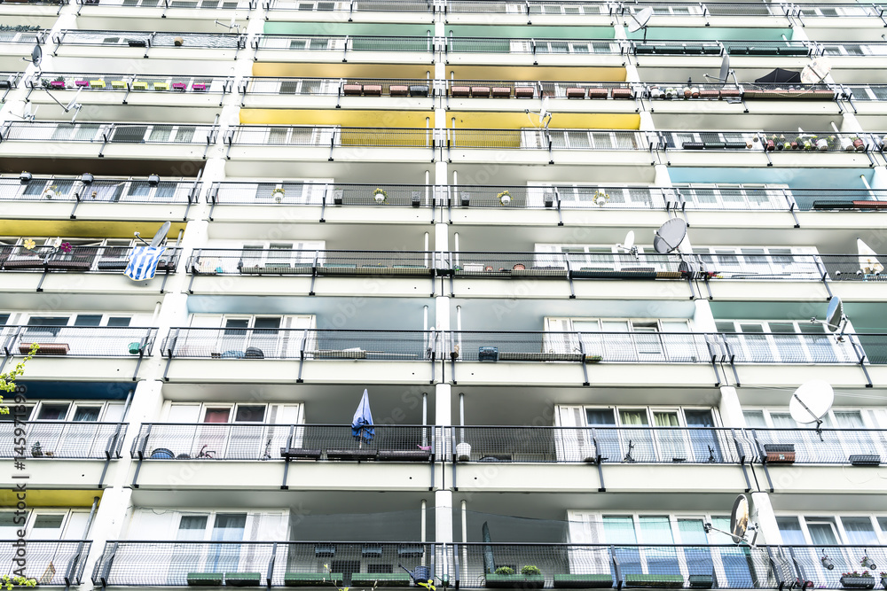 social housing in Berlin, facade with many balconies