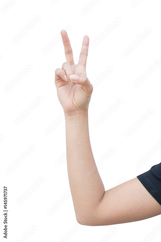 right hand a woman show the second, number two, fight, encouragement sign. isolated on white background right hand a woman show the second, number two, fight, encouragement sign. isolated on white background