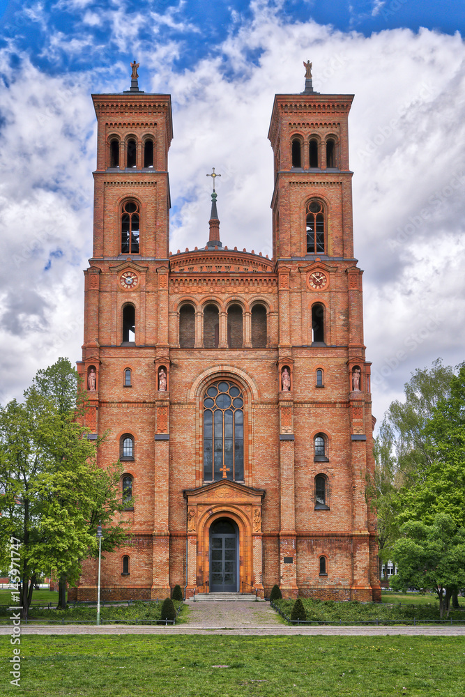 red brick church in spring, Berlin Kreuzberg