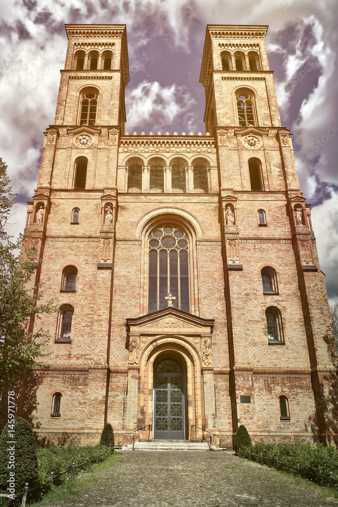 red brick church in spring, Berlin Kreuzberg, vintage style