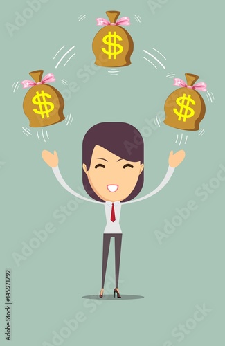 Cartoon businesswoman holding money bag