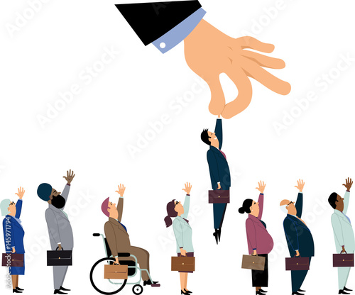 Giant managerial hand picking up a white male from a line of a diverse job candidates as a metaphor for a discrimination during an employment interview, EPS 8 vector illustration