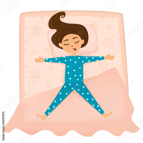 Little cute girl sleep in bed. The girl sleeping in the position of the stars. Vector illustration.
