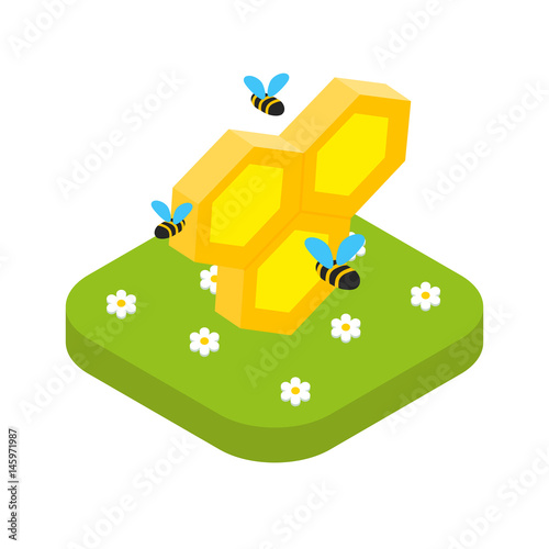 Isometric honeycomb with bees isolated, beekeeping concept vector