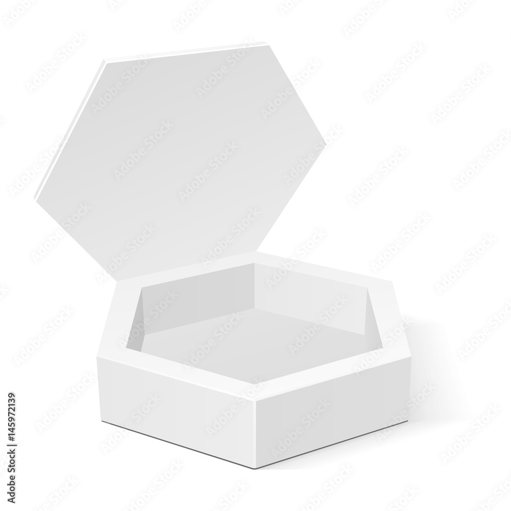 Open White Cardboard Hexagon Box Packaging For Food, Gift Or Other Products. Illustration Isolated On White Background. Mock Up Template Ready For Your Design. Product Packing Vector EPS10 Open White Cardboard Hexagon Box Packaging For Food, Gift Or Other Products. Illustration Isolated On White Background. Mock Up Template Ready For Your Design. Product Packing Vector EPS10