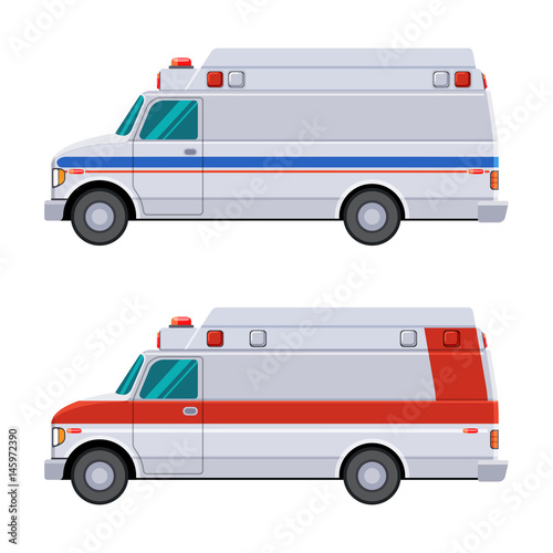 Type II ambulances on a van type chassis. Side view ambulance vehicle. Isolated vector illustration