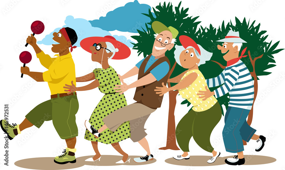 Group Of Active Seniors Led By A Young Volunteer In A Conga Line Dance group-of-active-seniors-led-by-a-young-volunteer-in-a-conga-line-dance