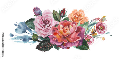 Hand painted watercolor charming combination of Flowers and Leaves, isolated on white background