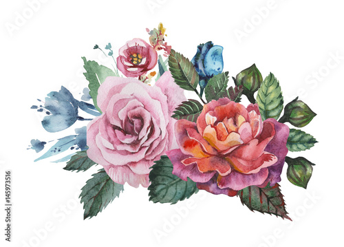 Hand painted watercolor charming combination of Flowers and Leaves  isolated on white background
