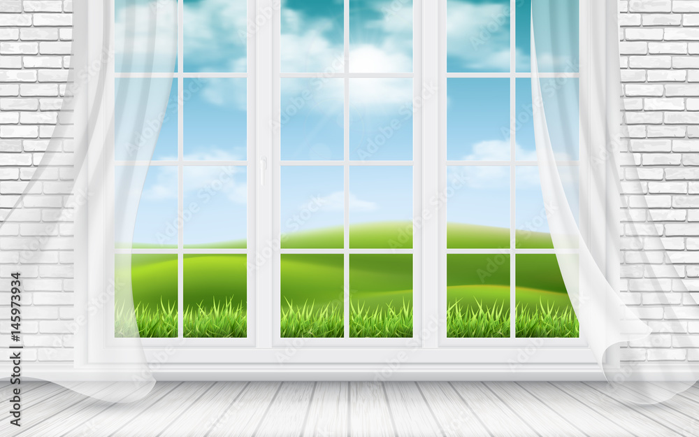Landscape view through big window decorated white transparent curtains. Interior with light wooden floor and white brick wall. Landscape view through big window decorated white transparent curtains. Interior with light wooden floor and white brick wall.