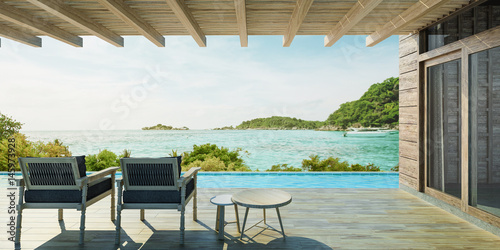 Sea View Andaman sea Beautiful Swimming pool with armchair and wooden floor - 3d rendering