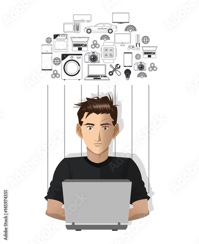 young man laptop working internet of things vector illustration