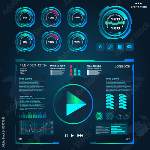 Futuristic blue virtual graphic touch user interface, Music interface, tracks, volume controls