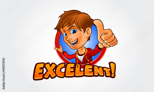 Excelent! Mascot Cartoon boy thumb up character. Vector logo illustration of boy giving you thumbs up. This is illustrative logo template that suitable for online business.