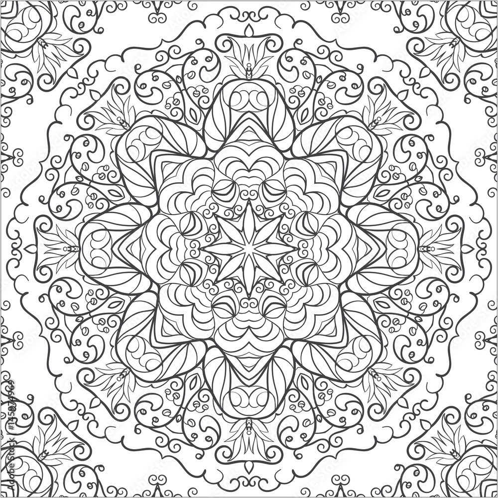 monochrome round ornament in doodle style, fantasy pattern  for coloring book, in square format