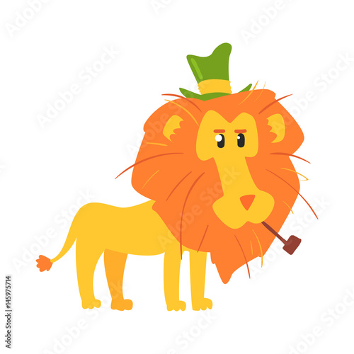Fototapeta Naklejka Na Ścianę i Meble -  Cute cartoon lion ih a green top hat. African animal colorful character vector Illustration