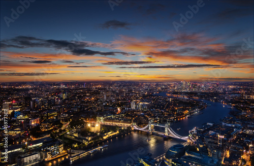 London aerial view with Tower Bridge in sunset
