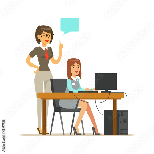 Businesswoman standing at her subordinate and making notes, office at background. Colorful cartoon character vector Illustration