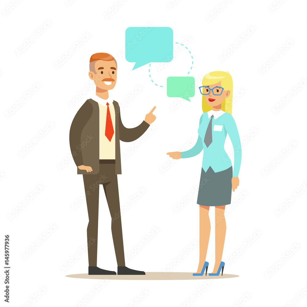 Two colleagues discussing at meeting. Colorful cartoon character vector Illustration Two colleagues discussing at meeting. Colorful cartoon character vector Illustration
