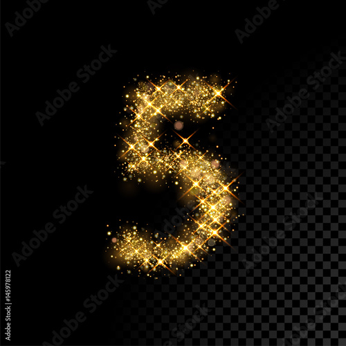 Gold glittering number Five 5 on black background