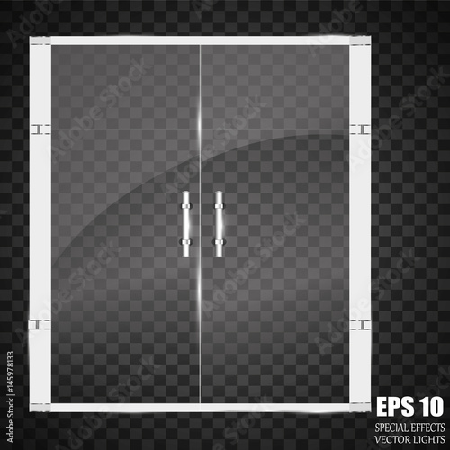 The glass door is made of plastic. Door plastic and glass. Door with iron handle. The door on a transparent background. Mall store glass doors for market and fashion boutique vector illustration
