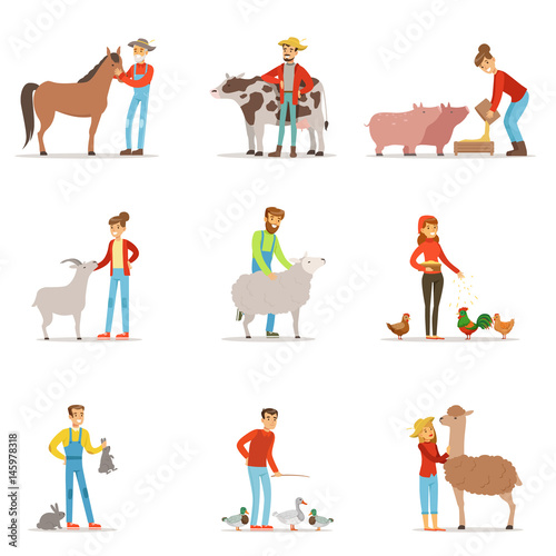 Farmers breeding livestock. Farm profession worker people, farm animals. Set of colorful cartoon detailed vector Illustrations