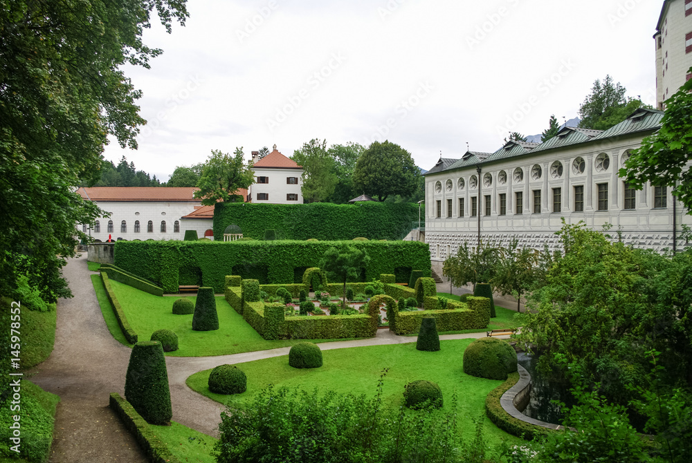 Garden of  Ambras Castle (Schloss Ambras) a Renaissance sixteenth century castle and palace located in the hills above Innsbruck, Austria.