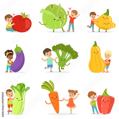 Cute little children having fun and playing with big vegetables, set for label design. Colorful cartoon characters detailed vector Illustrations