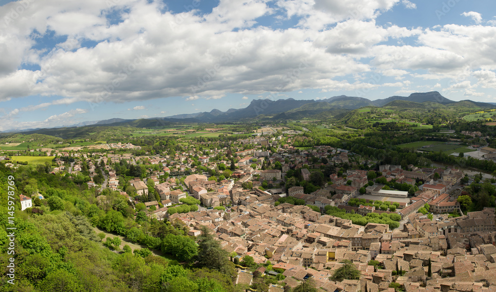 view of the small town of Crest in the Drome, France