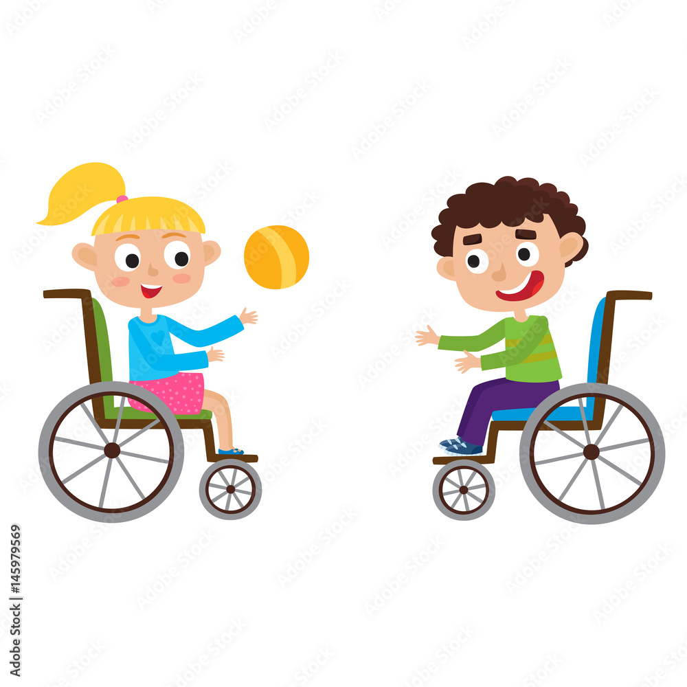 Vector illustration of smiling little boy and girl on wheelchair Vector illustration of smiling little boy and girl on wheelchair
