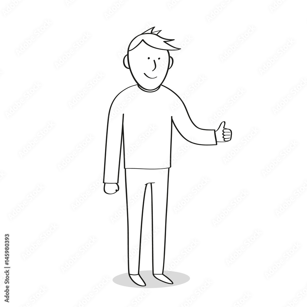 Man shows hands thumbs up, cartoon, sketch. Vector illustration