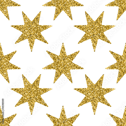 Geometrical seamless pattern with gold glitter textured stars