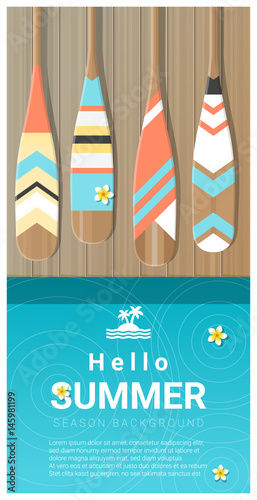 Hello summer background with colorful canoe paddles on wooden pier , vector , illustration
