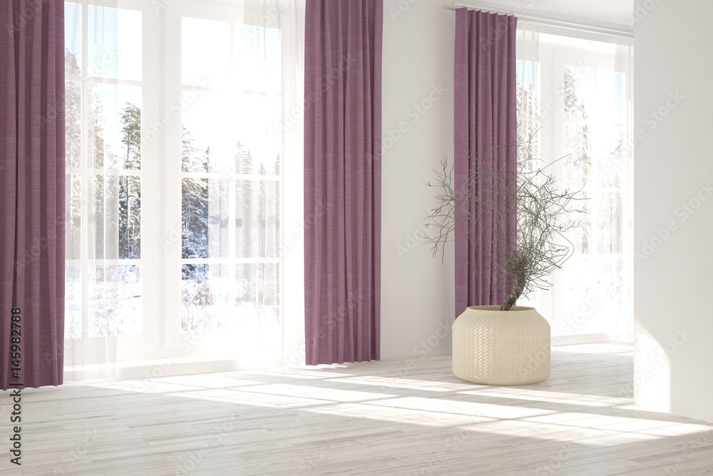 White empty room with winter landscape in window. Scandinavian interior design. 3D illustration White empty room with winter landscape in window. Scandinavian interior design. 3D illustration