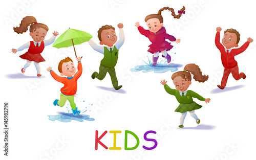 School kids set with smiling and jumping cartoon boys and girls vector illustration