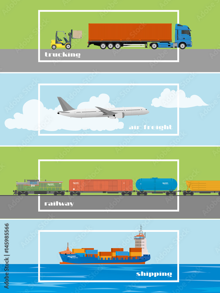 Set of transportation banners. Logistics and delivery concept vector illustration. Air, trucks, railway and ship transport